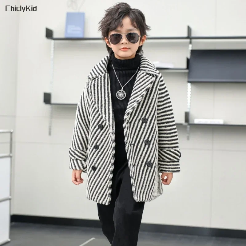 Boys Winter & Fall Chesterfield Coat Kids Black and White Striped Jacket Toddler Child Velvet Houndstooth Thick Woolen Overcoat