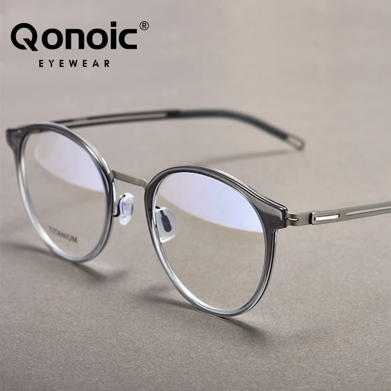 

QONOIC Pure Titanium Ultra-Light Glasses Frame Men's Ultra-Thin Business Retro Round Myopia Frame Men Eyewear Glasses