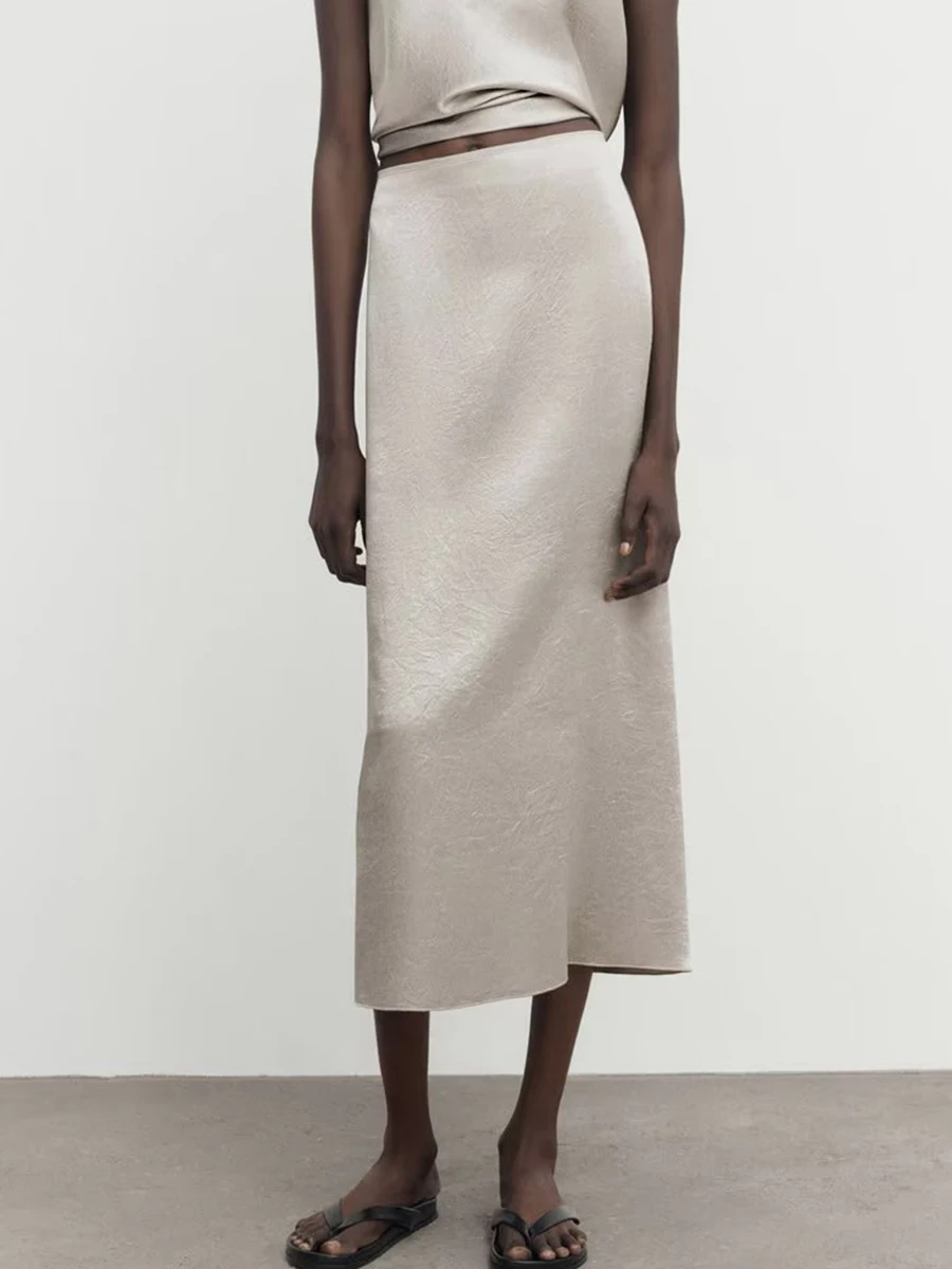 

Silver Fashion Midi Skirts Women Summer New Mid Waist Slim French Elegant Vintage A-line Skirt 2023 Female Casual Chic Skirts