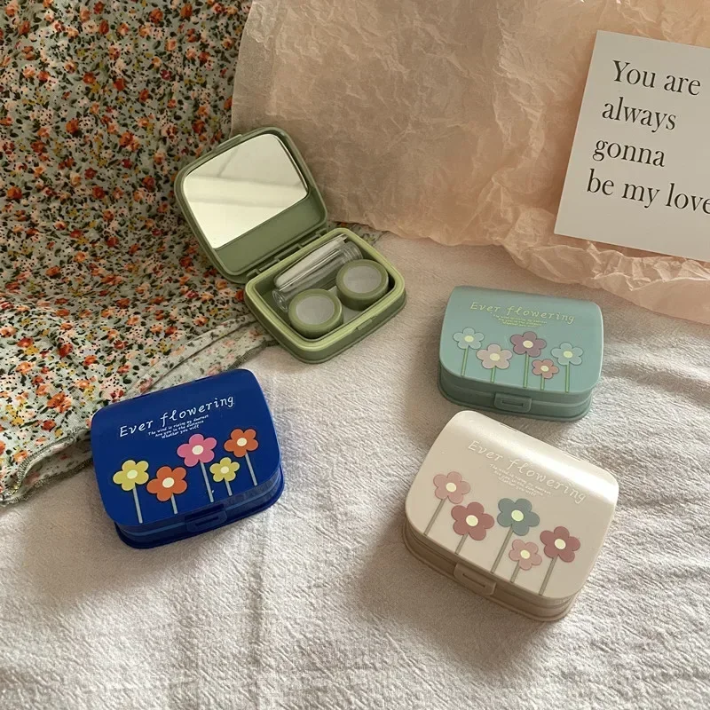 Ins Colored Flower Korean Women Contact Lens Case Portable Beauty Contact Lens Container Box with Mirror Tweezers Travel Box