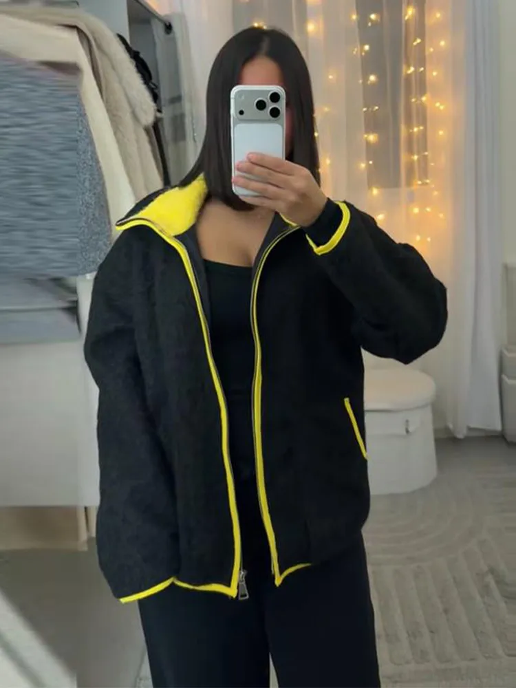 سترة صوفية متباينة غير رسمية للنساء بياقة واقفة وجيوب وسحاب وأكمام طويلة معطف نسائي لخريف وشتاء 2025 جديد للسيدات في ملابس خارجية