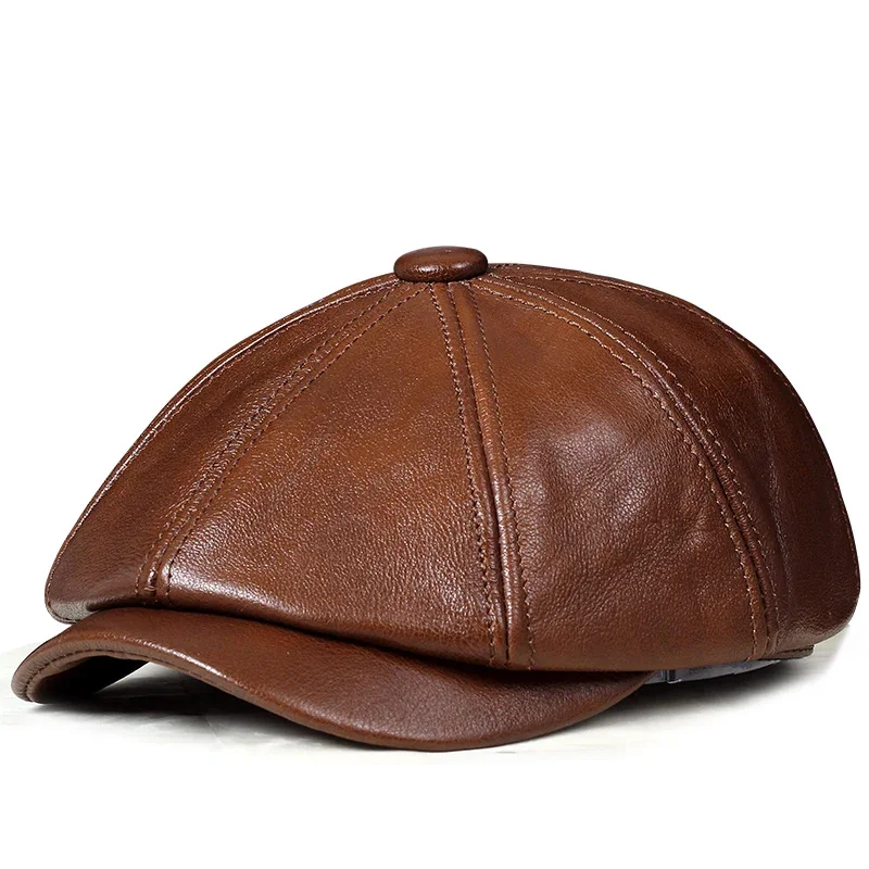 

Retro Octagonal Genuine Hat Autumn Men's Cowhide Leather Beret Elegant Fashion Student Tongue Cap Snapback Caps For Men