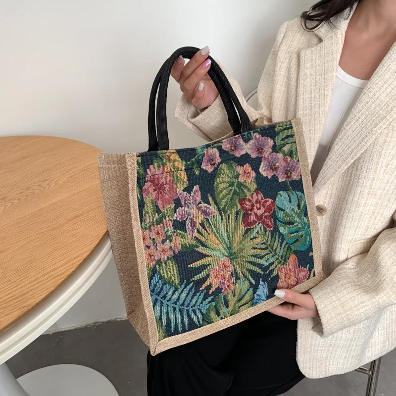 

Vintage Flowers Pattern Handbags Large Capacity Commuter Bags Tote Bags Eco-Friendly Shopping Satchel Cotton Linen Shoulder Bag