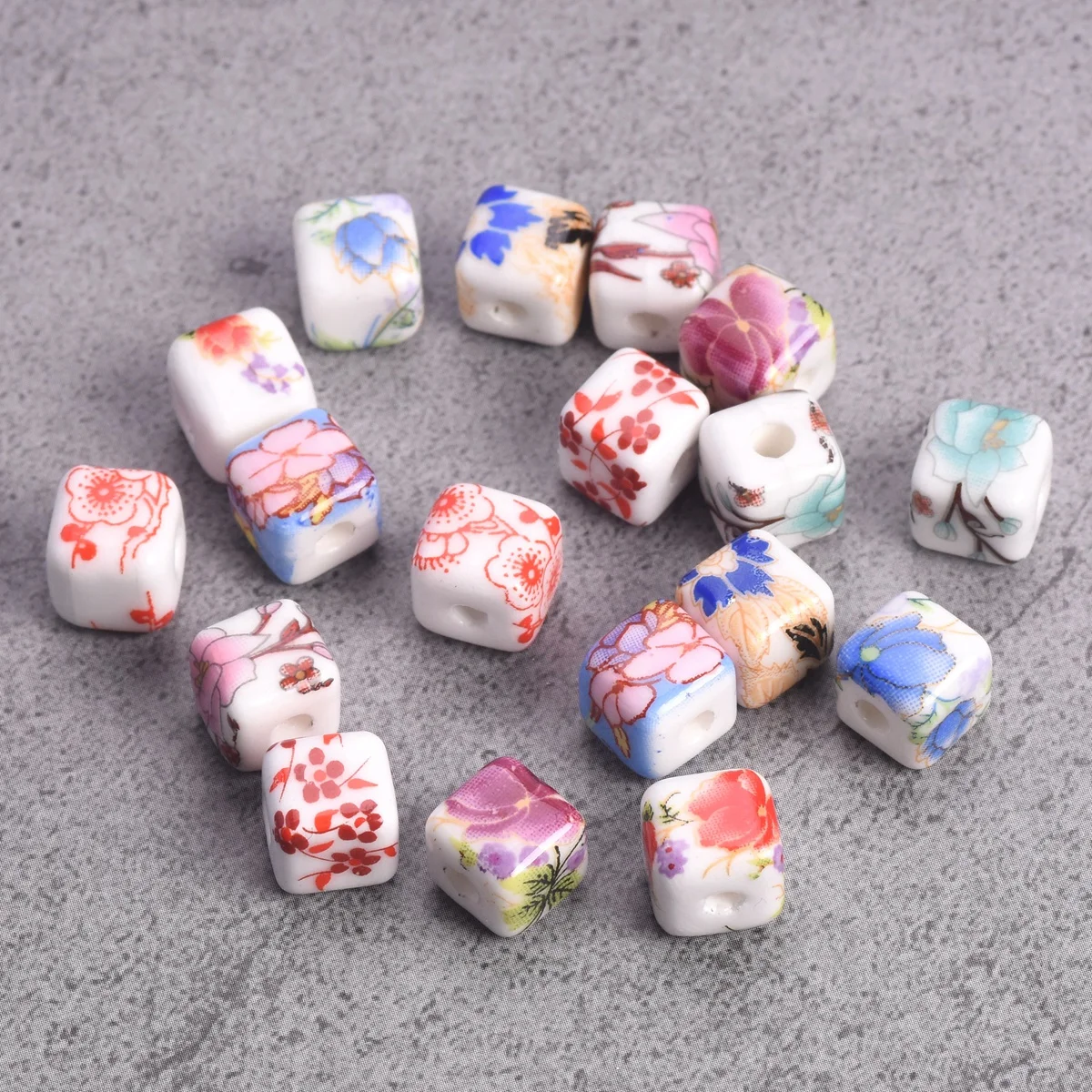 10개 꽃 그림 8.5mm 큐브 세라믹 도자기 루즈 비즈 쥬얼리 만들기 DIY 공예..