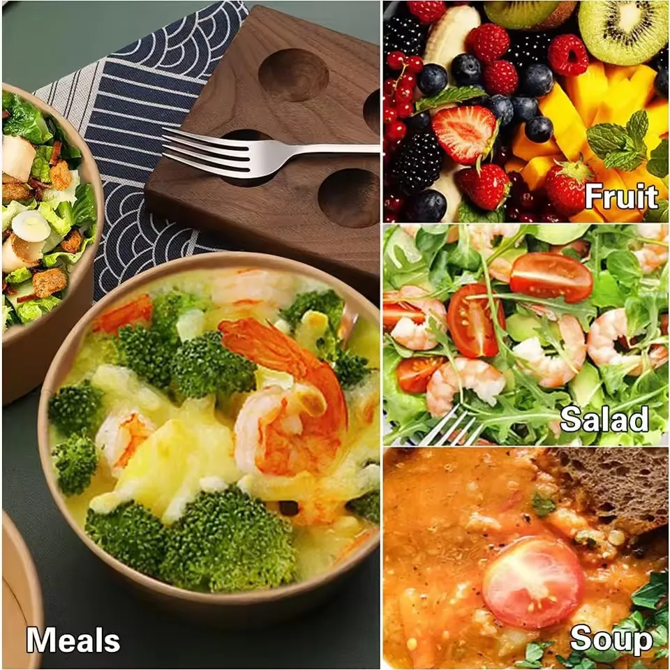 20pcs/pack Disposable Kraft Paper Lunch Box Thickened Salad Bowl with Lid Round Takeaway Packing Boxes Heat-resistant Soup Bowl