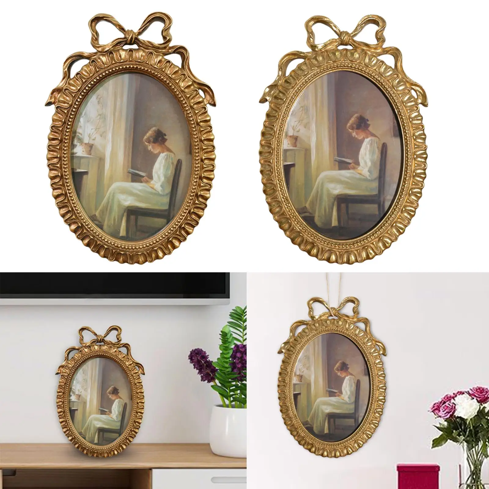 Oval Photo Frame 10x6.9inch Hand Painted with Wall Hook Old Fashioned Retro