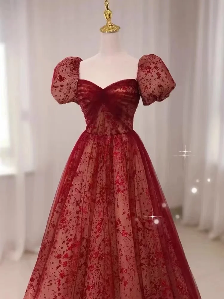 

New Arrival Sexy Square Neck Burgundy Evening Dresses Elegant Puffy Sleeves Beading A-Line Long Tulle Prom Gown Vestido De Noiva