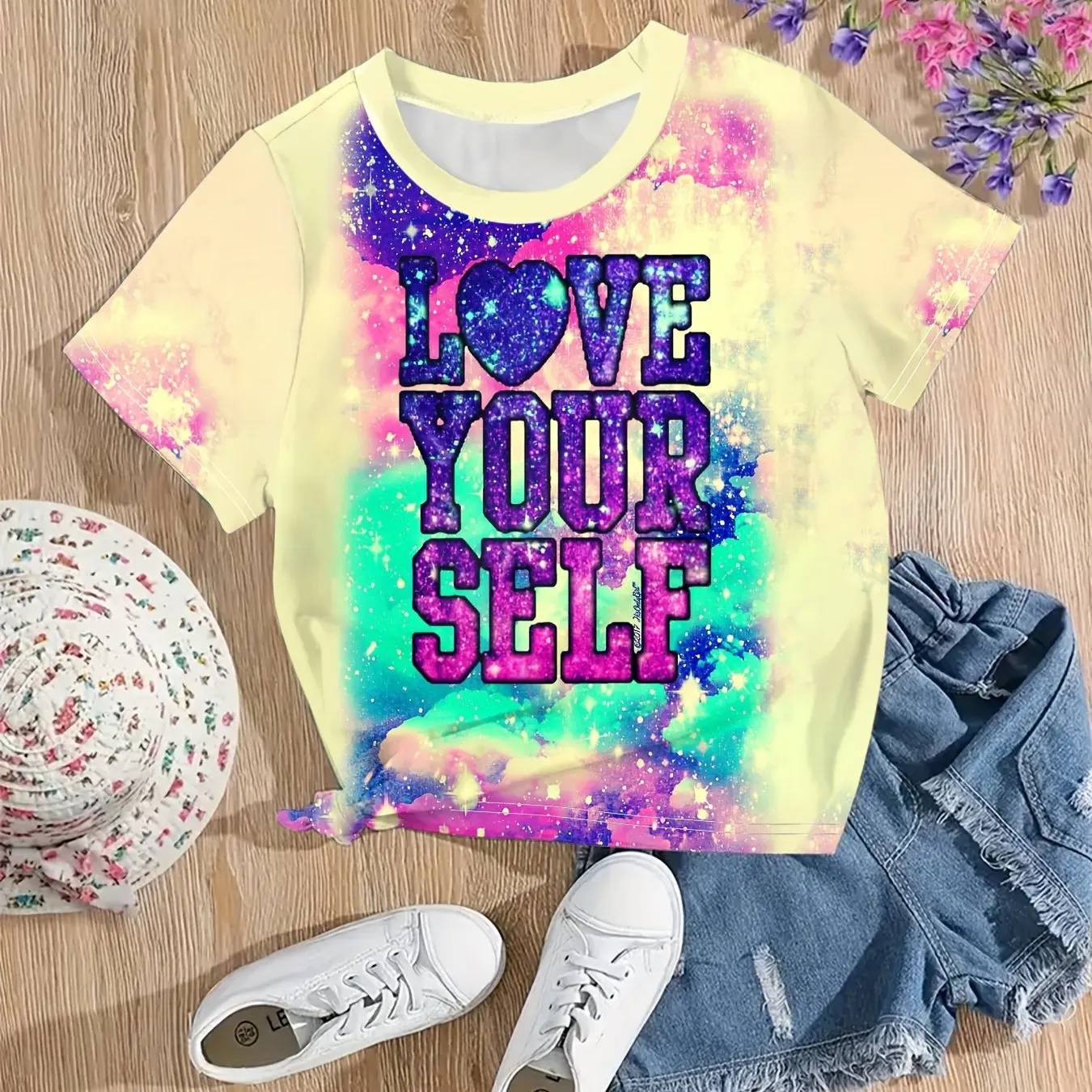 3D Tie Dye Butterfly Graphic Crew Neck Short Sleeve T-Shirt Children Girl Clothes Comfortable Casual Summer Weekend Outings