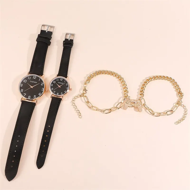 4pcs Set Couple Watch For Women Men Clock Male Quartz Wrist Watches Leather Ladies Man Watch Jewelry Bracelet Set