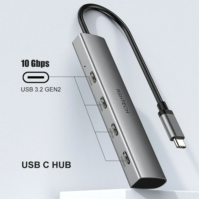 RSHTECH 맥북 노트북용 USB 허브 휴대용 분배기 알루미늄 USB C타입-USB C 어댑터 10Gbps 4 포트 USB