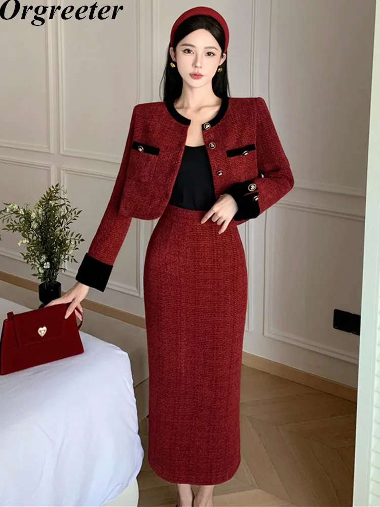 

Fall Winter New Retro Tweed Two Piece Set Women Short Jacket Coat + Long Bodycon Skirt Suits Christmas Red Woolen 2 Piece Outfit