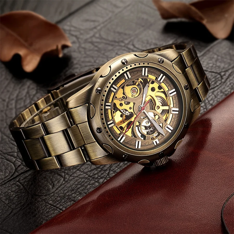 SHENHUA 9536 Orologio meccanico automatico da uomo in bronzo con scheletro, casual, da uomo, impermeabile, Relogios Masculino Reloj Hombre_voghion.com