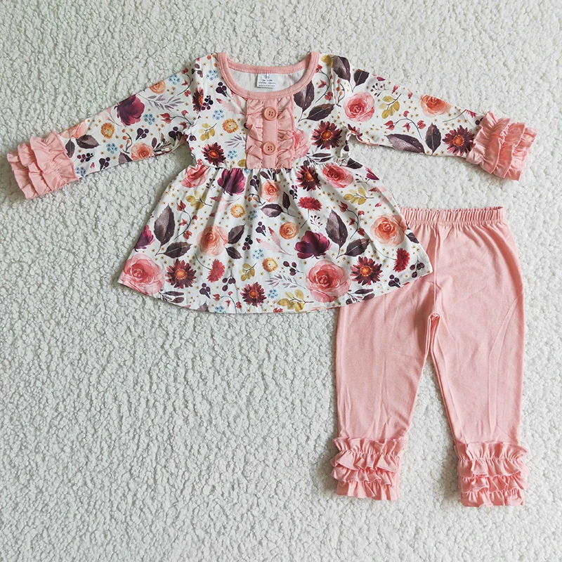 

Baby Girl Floral Clothes Long Sleeve Flower Top Kids Ruffle Pink Solid Cotton Pants Toddler Boutique Children Infant Fall Outfit