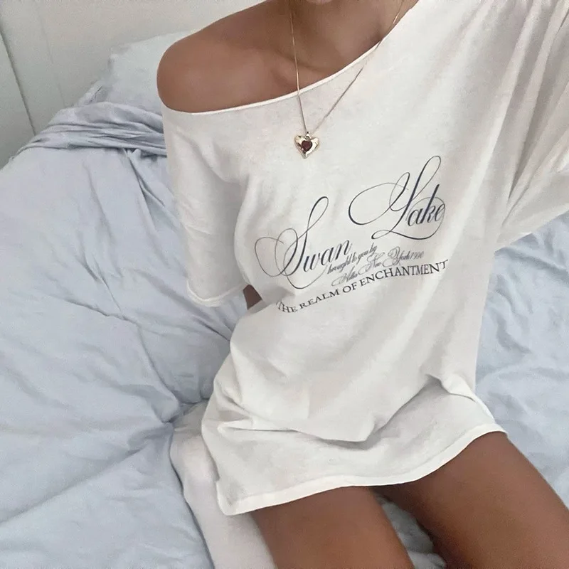 Casual Relax Woman T-shirt Letter Women Oversized One Shoulder Tops Versatile Street Atmosphere Style 2025 new Fashionable Tops