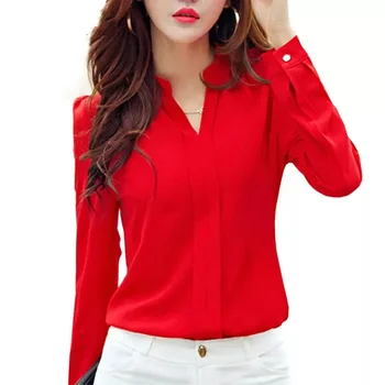 Long Sleeve Shirt Women Autumn Clothing Fashion Slim Blouse V Neck Korean Elegant Ladies Office Shirts White Red 1