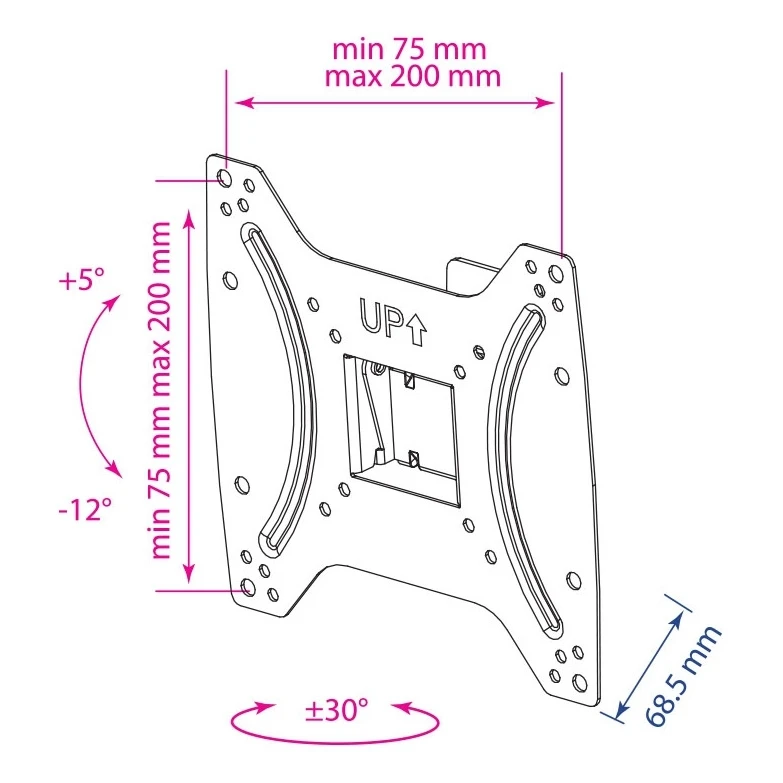 ТВ Кронштейн Kromax OPTIMA-202 black (Кронштейн для LED/LCD телевизоров 15-42 дюймов, max 25 кг, настенный, 3 ст свободы, наклон +5°-12°, поворот ±30°, от стены 68.5 мм съемная монтажная пластина)