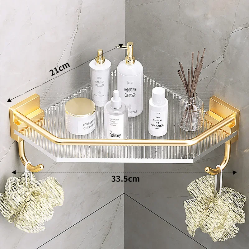Acrylic Bathroom Shelf without Drilling Gold Rustproof Kitchen Toilet Shower Room Skincare Shampoo Corner Shelf Rack with Hook 5