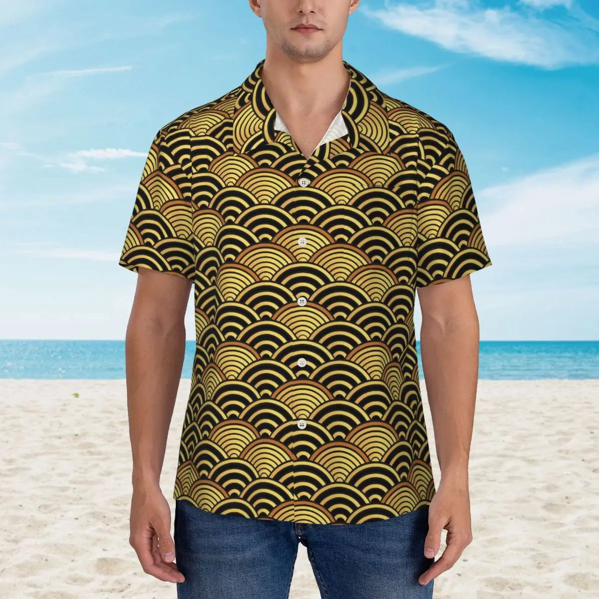 

Hawaiian Shirt Vacation Japanese Wave Blouses Gold Seigaiha Novelty Casual Shirts Men Short Sleeve Stylish Clothes