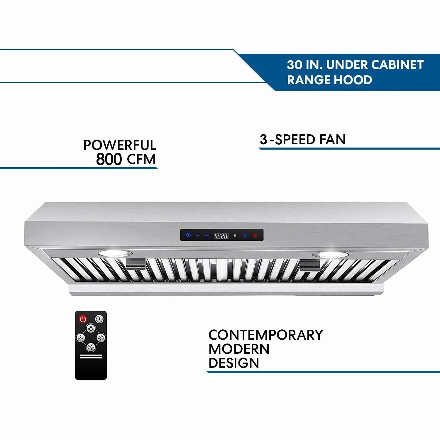 Tieasy 800CFM Kitchen Under Cabinet 3-Speed Remote Control with LED Lights Cook Vent Range Hood US0775BTR