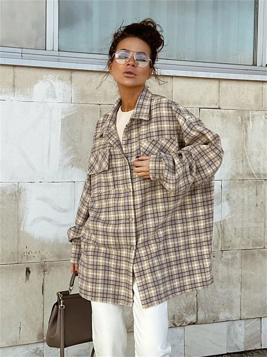 Khaki Shacket Oversized Shirts Womens Dropped Shoulder Plaid Blouses Outwear Street Style Pockets Casual Tops 2023 Shirts