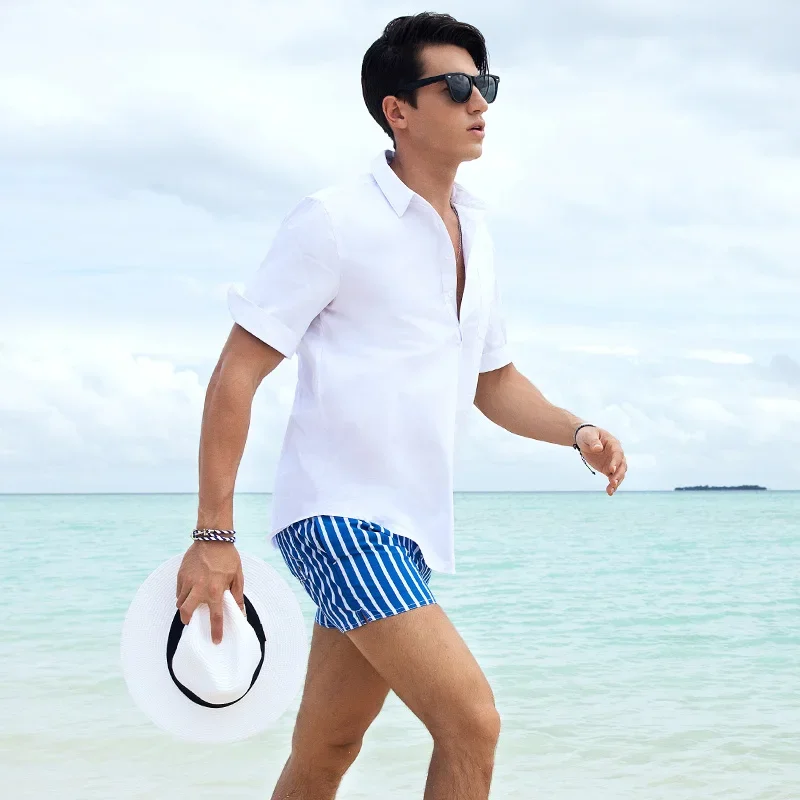 Gailang Beach Pants Men's Beach Vacation White Striped Shorts Hot Spring Swimming Pants with Inner Lining - 4