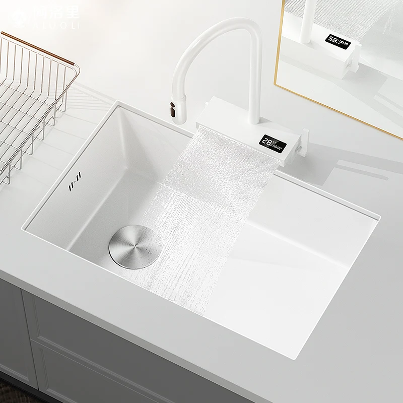 White Stainless Steel Kitchen Sink with Digital Display Multifunction Waterfall Faucet large Wash Basin for Kitchen Accessories