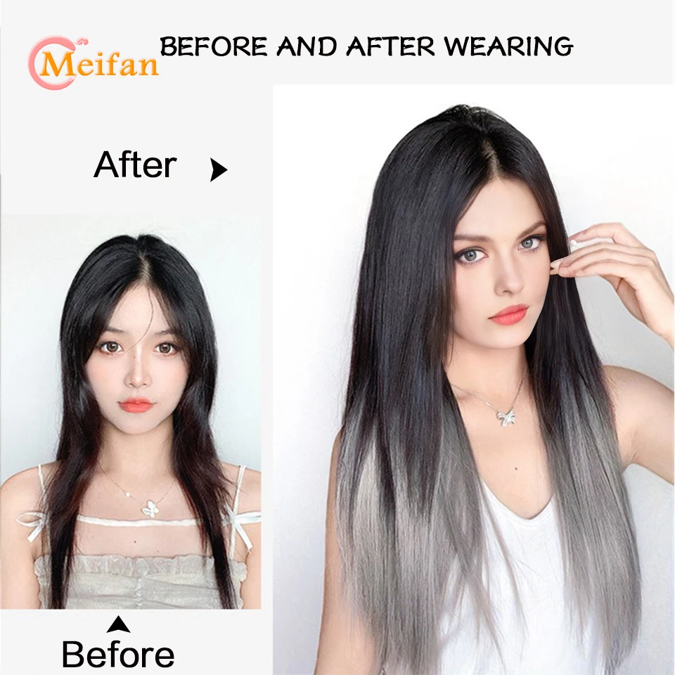 MEIFAN 합성 긴 스트레이트 코스프레 헤어피스 클립, 헤어 익스텐션, 옴브레 핑크, U 자형 할로윈 자연스러운 가짜 헤어 피스
