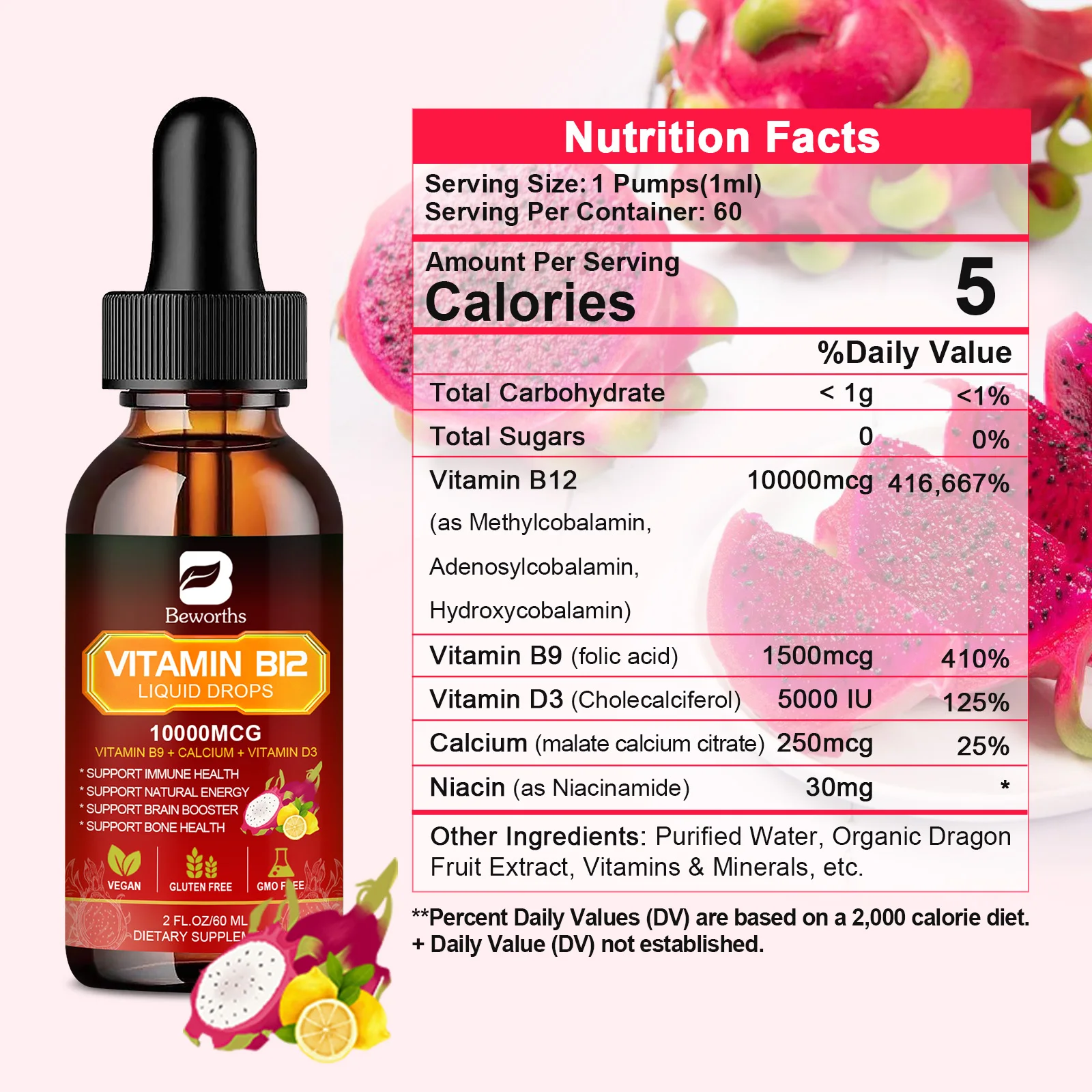 BEWORTHS Vitamin B12 and Vitamin D3 Drink Complex Supplements Immune and Intestinal Digestive Health Brain &Heart Health vitamin drink supplements