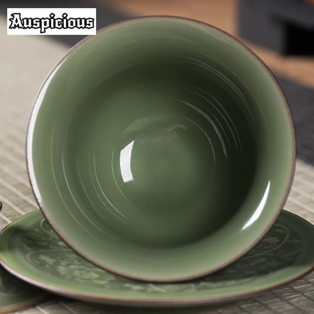 Longquan Celadon Shallow Gaiwan 150ml Zen Relief Entangled Lotus Flower Tea Tureen Tea Making Cover Bowl Ceremony Decoration
