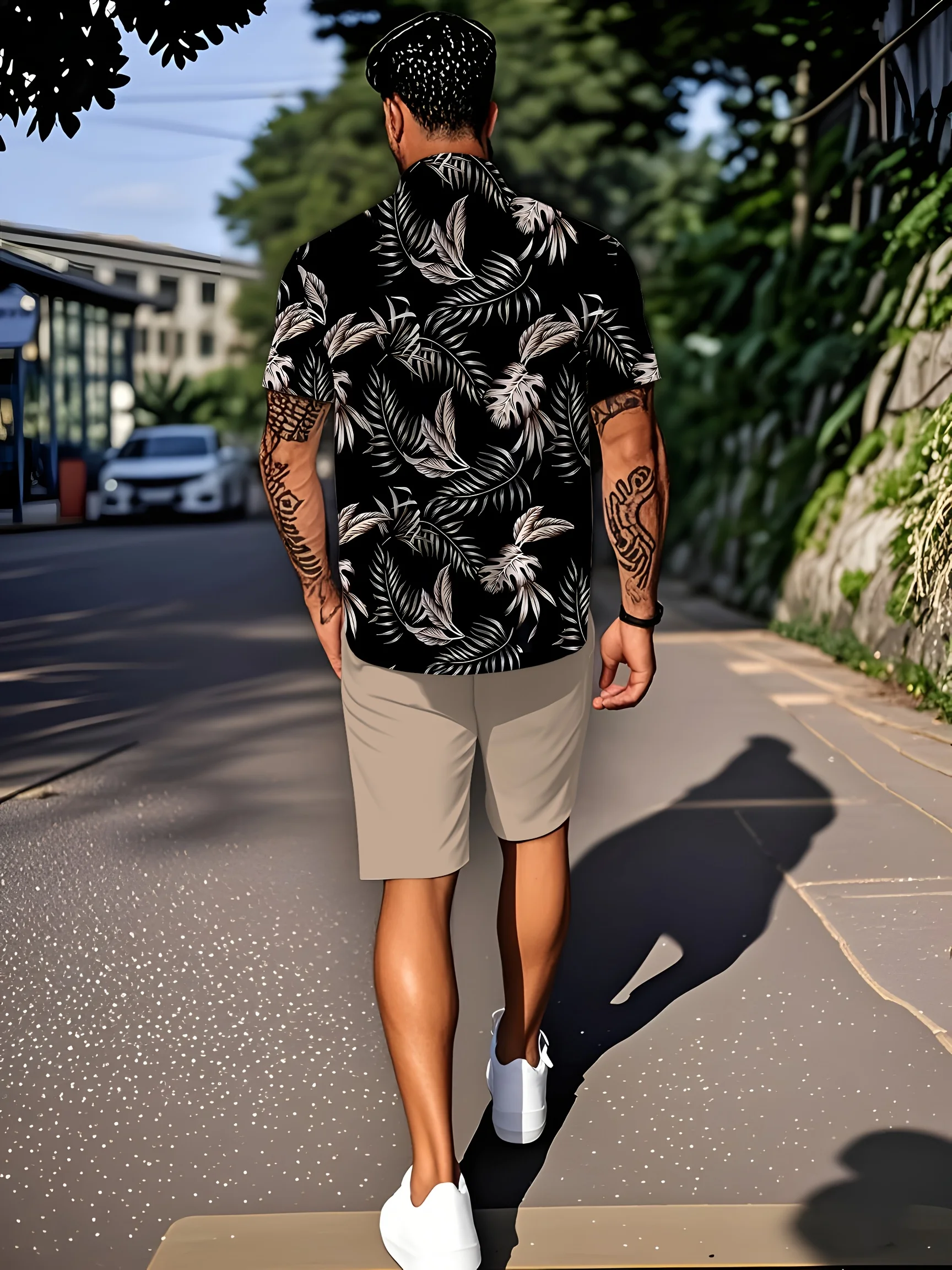 Hawaii shirt set men’s floral print summer casual large button-down shirt and shorts two-piece set black gray back