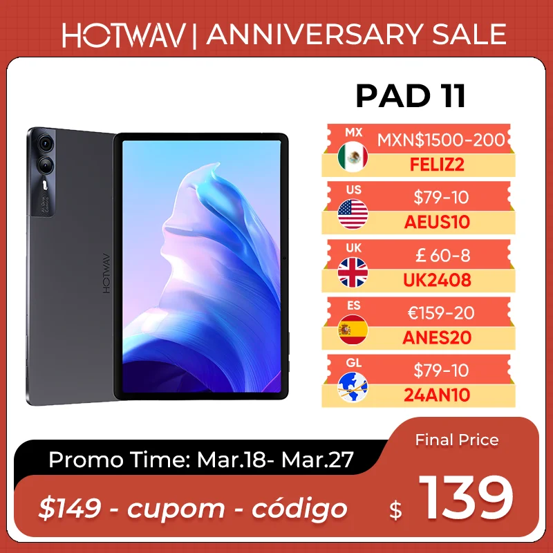 

2024 HOTWAV Pad 11 Tablet Android 11 inch 2K 8000mAh Battery PC Mode 12(6+6)GB 256GB Widevine L1 Low Blue Light Tablets PC