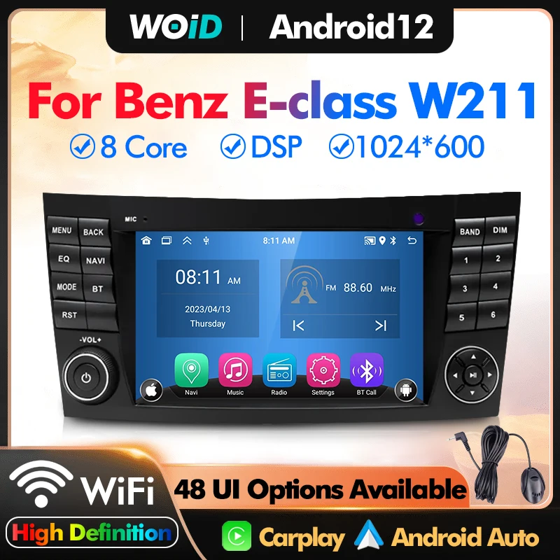 메르세데스 벤츠 E 클래스 W211, E200, E220, E300, E350, E240, E280, CLS, 자동차 라디오, 2Din, 안드로이드 12, 멀티미디어, GPS, 카플레이, Widi BT 