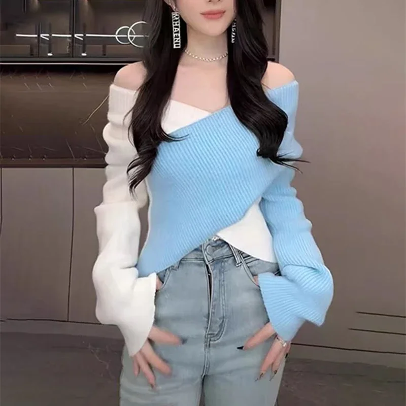 Autumn New Women's Long-sleeved V-neck Sweater Fashionable Off-the-shoulder Cross-color Matching Slim-fitting Knitted Top