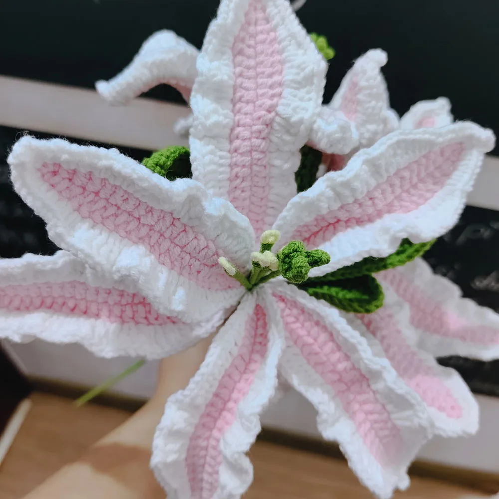 Finished Handmade Crochet Artificial Flowers For Living Room Decor Crochet Yellow Sunflowers Kintted Pink & white Lily Flowers