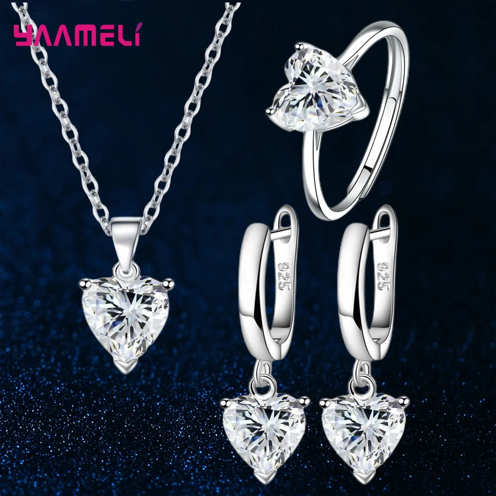 

Fine 925 Sterling Silver Jewelry Gift Sets for Women Female Romantic Heart Zircon Huggie Earrings Pendant Necklace Ring 5 Colors