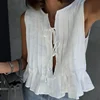 New Summer Women Y2K Korean White Linen Cotton Pleated Lace Up Sleeveless Short Shirt Crop Top Blouse Pleated Shirts Clothes 3