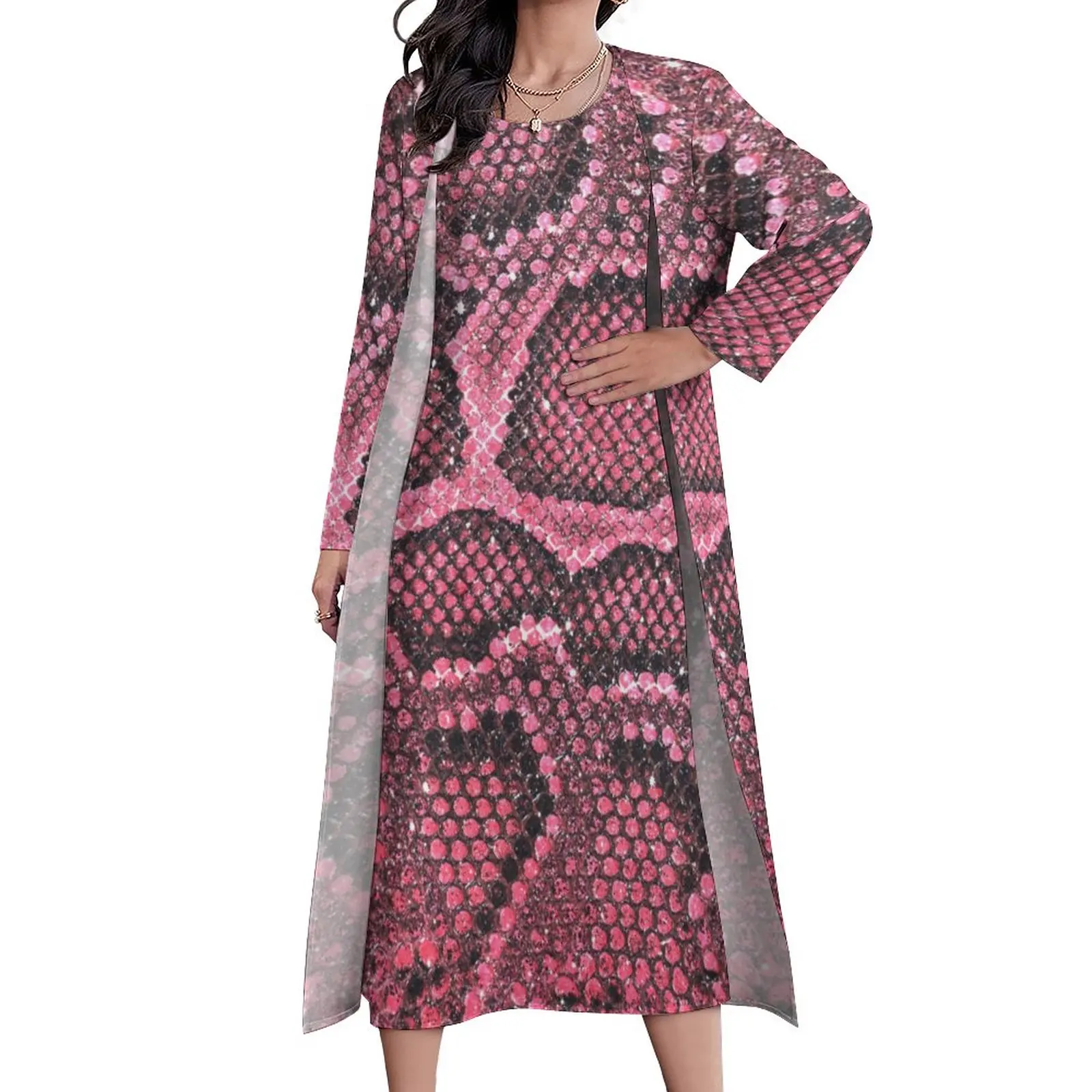 

Snakeskin Print Dress Pink Animal Scales Beach Maxi Dress Aesthetic Boho Beach Long Dresses Autumn Two-Piece Design Vestidos