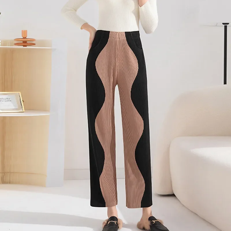 

Autumn and Winter High Waist Drooping Casual Straight Pants Women's 2022 New Fashion Pleated Color Block Skinny Thick Trousers