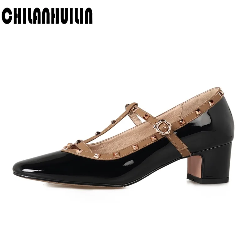 

new design metal rivets pumps women chunky high heel classic pumps ladies shoes fashion real leather black nude shoes footwear