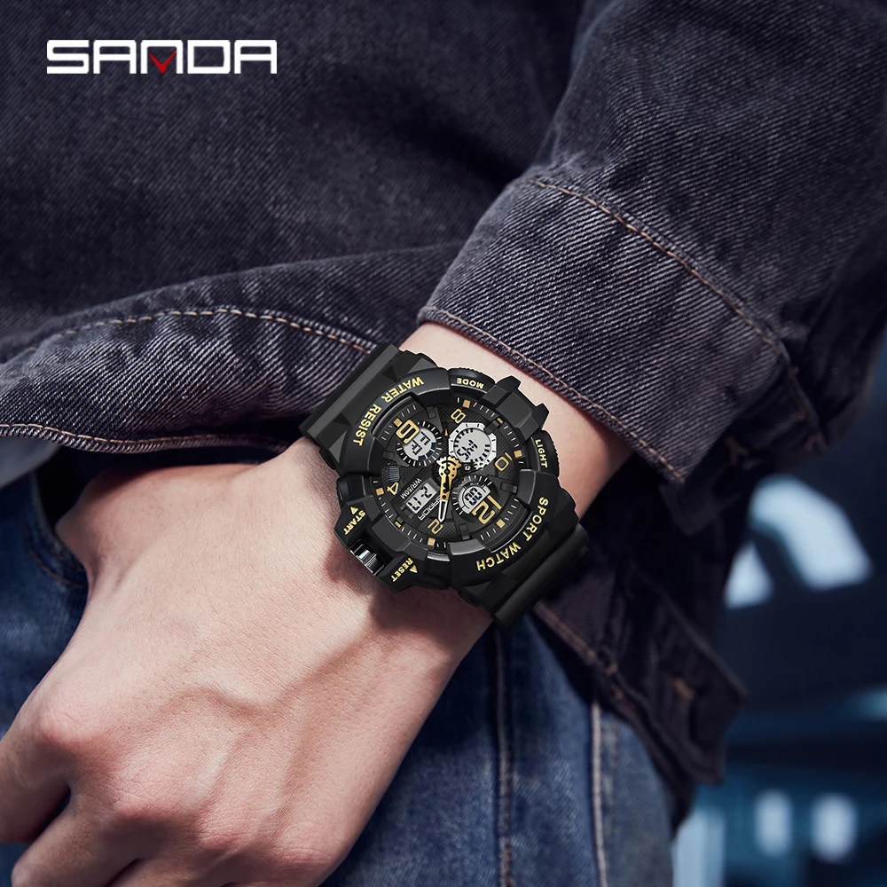 SANDA Military-Inspired Men's Digital Sports Watch - Waterproof Electronic Wristwatch