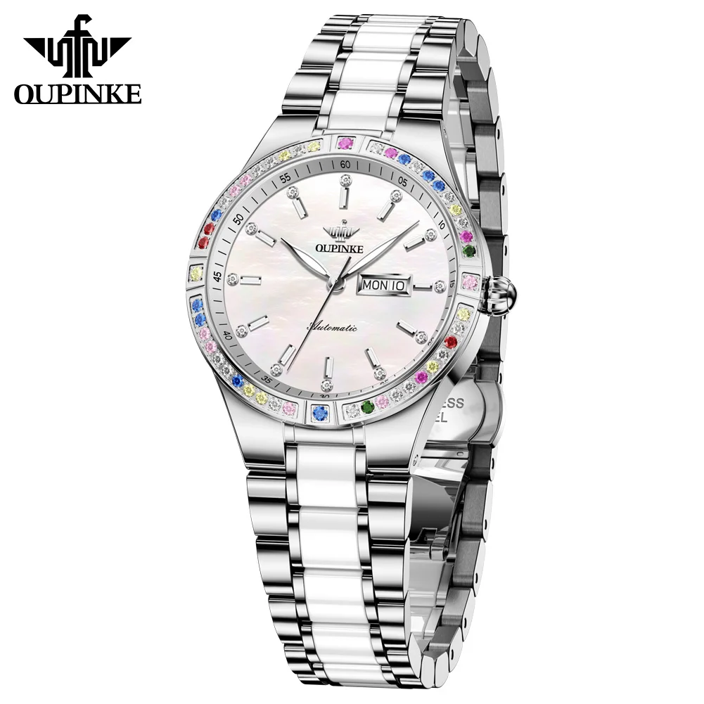 OUPINKE 3283 Women's Watch Luxury Dual Calendar Automatic Watch For Women Waterproof Mechanical Wristwatch Ceramic Steel Strap