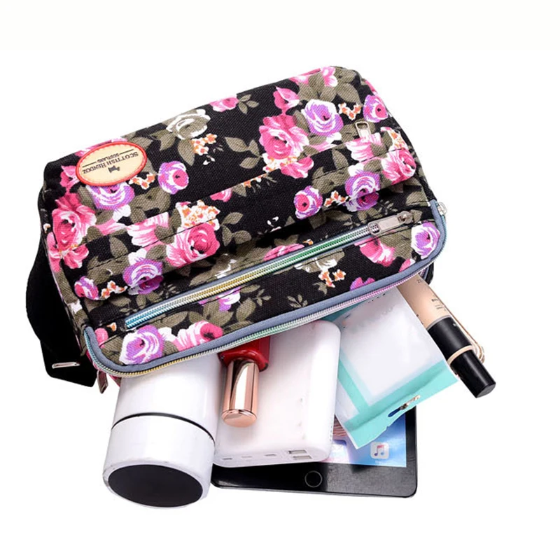 Casual Retro Nylon Shoulder Bag Multi Layered Floral Print Mother Handbag Women's Fashion Vintage Flower Crossbody Bags