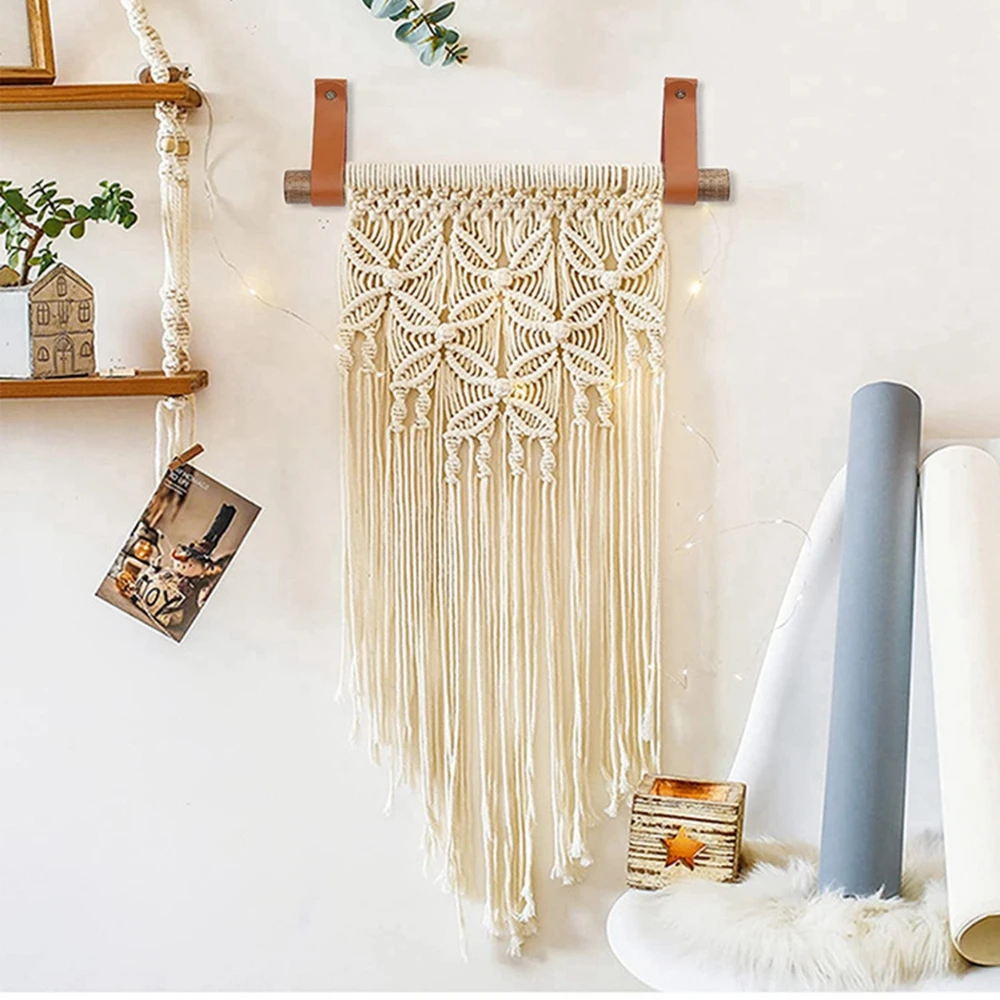 New 2pcs Boho Farmhouse Style PU Leather Loop Strap for Wood Curtain Rod Wall Hooks for Hanging Towel Tapestry Canoe Paddle