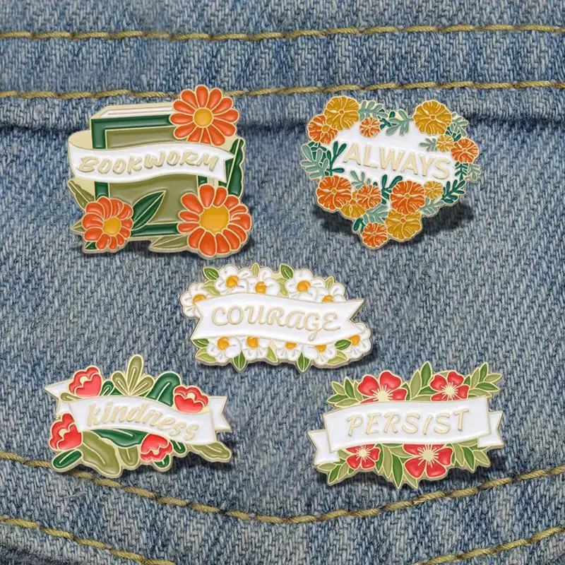 

PERSIST Kindness Enamel Pins Custom Courage Bookworm Brooches Lapel Badges Flower Book Plant Jewelry Gift for Kids Friends