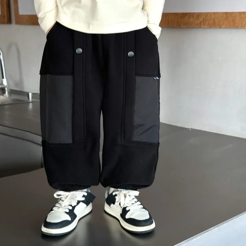 

Sweatpants Japanese Tide Cool Boys Velvet Motion Casual Children Handsome Winter Thick Large Pocket Trousers Splicing