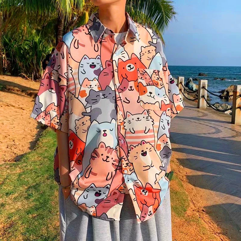 Cartoon Cat Print Shirt Button Up Blouse Clothing for Men Women