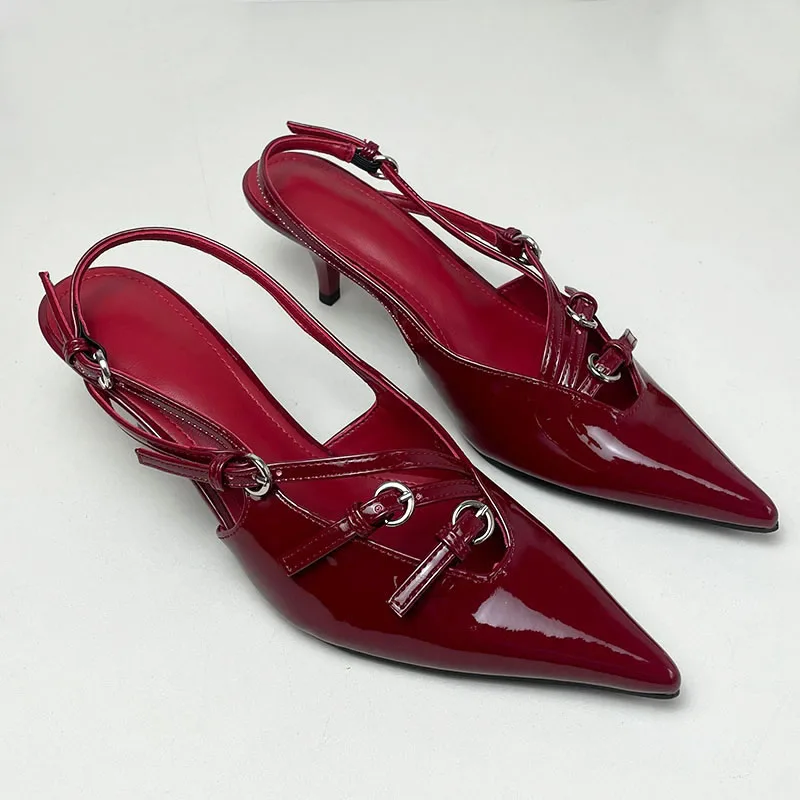 Red Footwear Women Thin Heels Sandals Shoes Fashion Metal Buckle