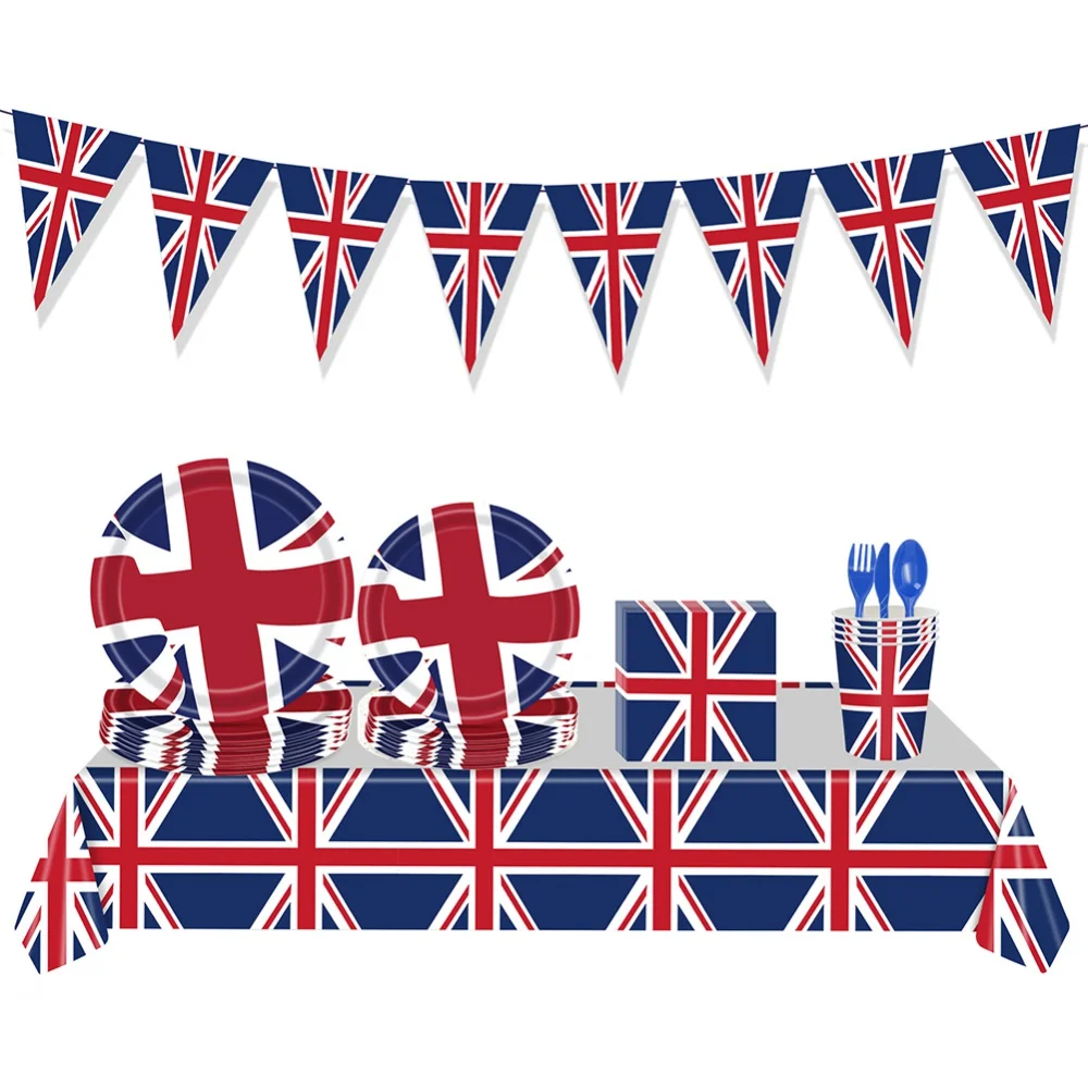 124Pcs UK British Flag Union Jack Party Supplies Tablecloth/Napkins/Cups/Paper Plates Dinnerware Set Hanging Banner Decoration 3