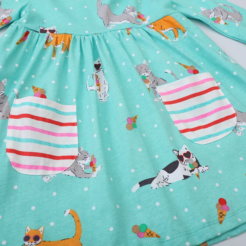 Children's Clothing Kids Clothes 20245 Autumn Girls Long Sleeves Cartoon Cats Dress with Pockets Cotton
