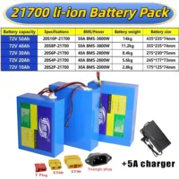 Batterie au lithium 21700 72V 50Ah 40Ah 30Ah 20Ah 10Ah avec BMS 50A 2000W~3800W pour outils électriques, moto, scooter + chargeur 2